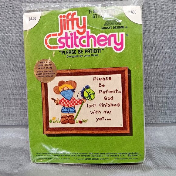 VTG 70s Jiffy Stitchery Crewel Kit Please Be Patient Lynn Davis Beginners Craft - Picture 1 of 4